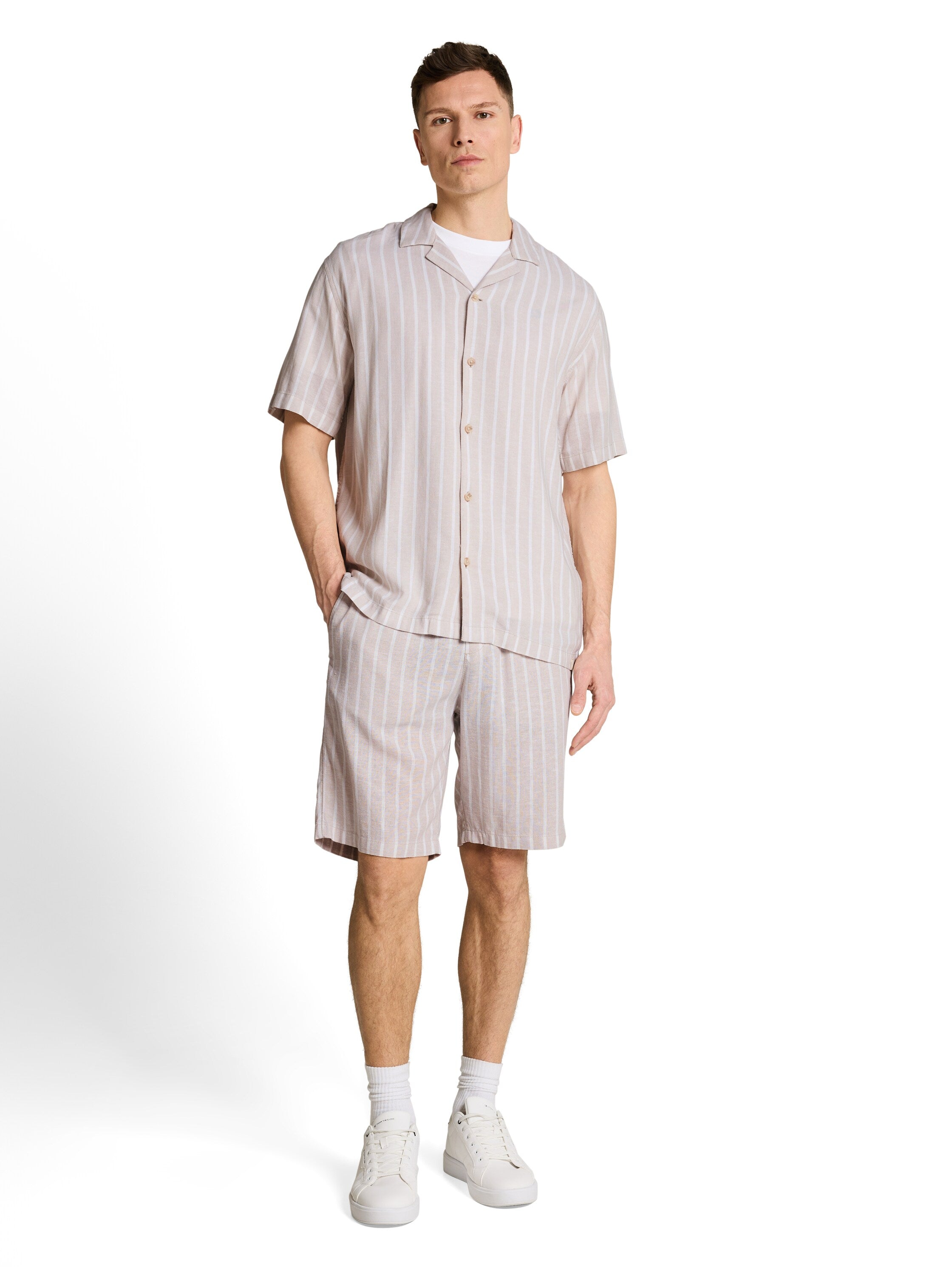 Tom Tailor Light Beige Short Sleeved Striped Linen Shirt