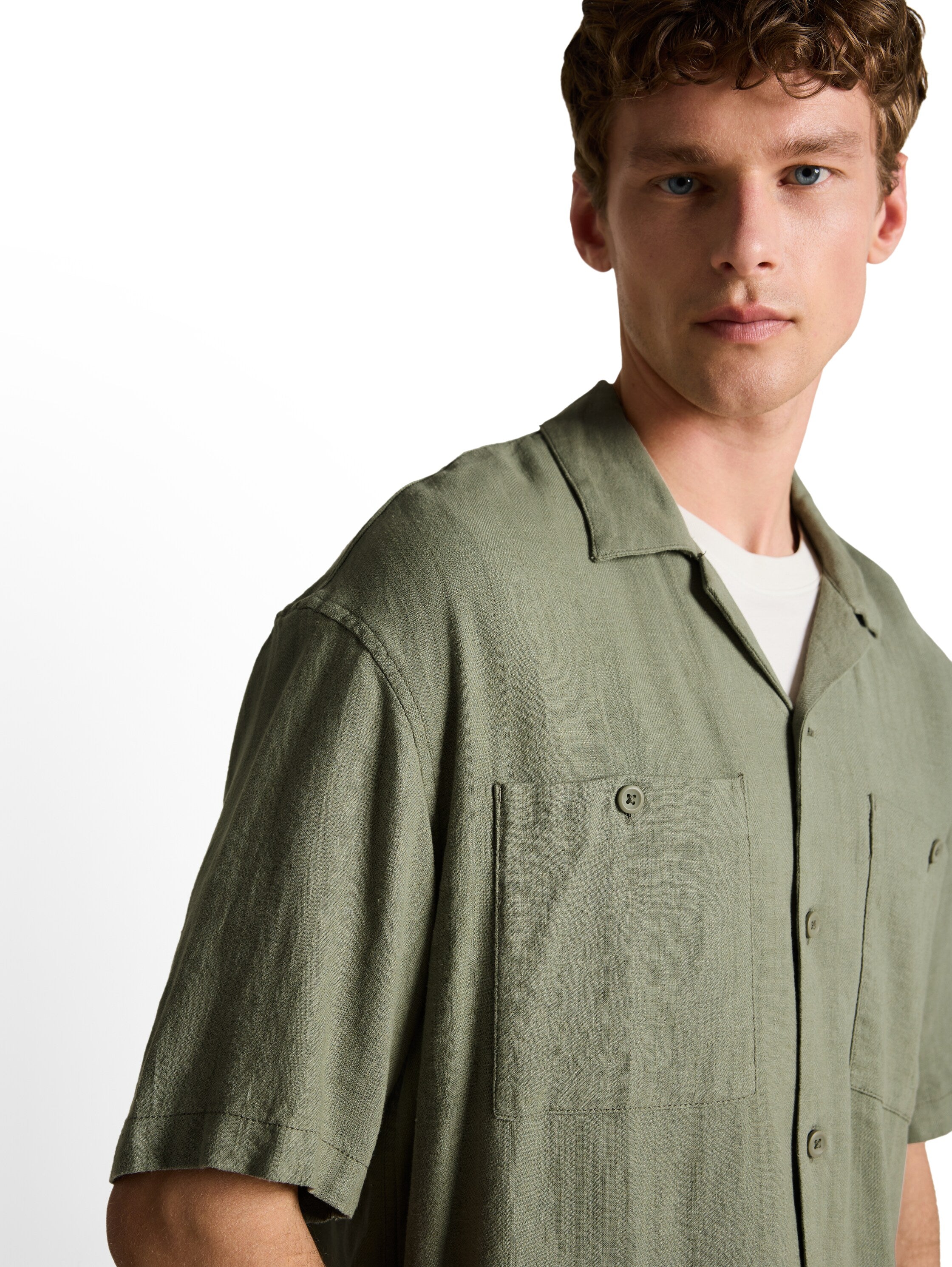 Tom Tailor Olive Short Sleeved Linen Shirt With Chest Pockets