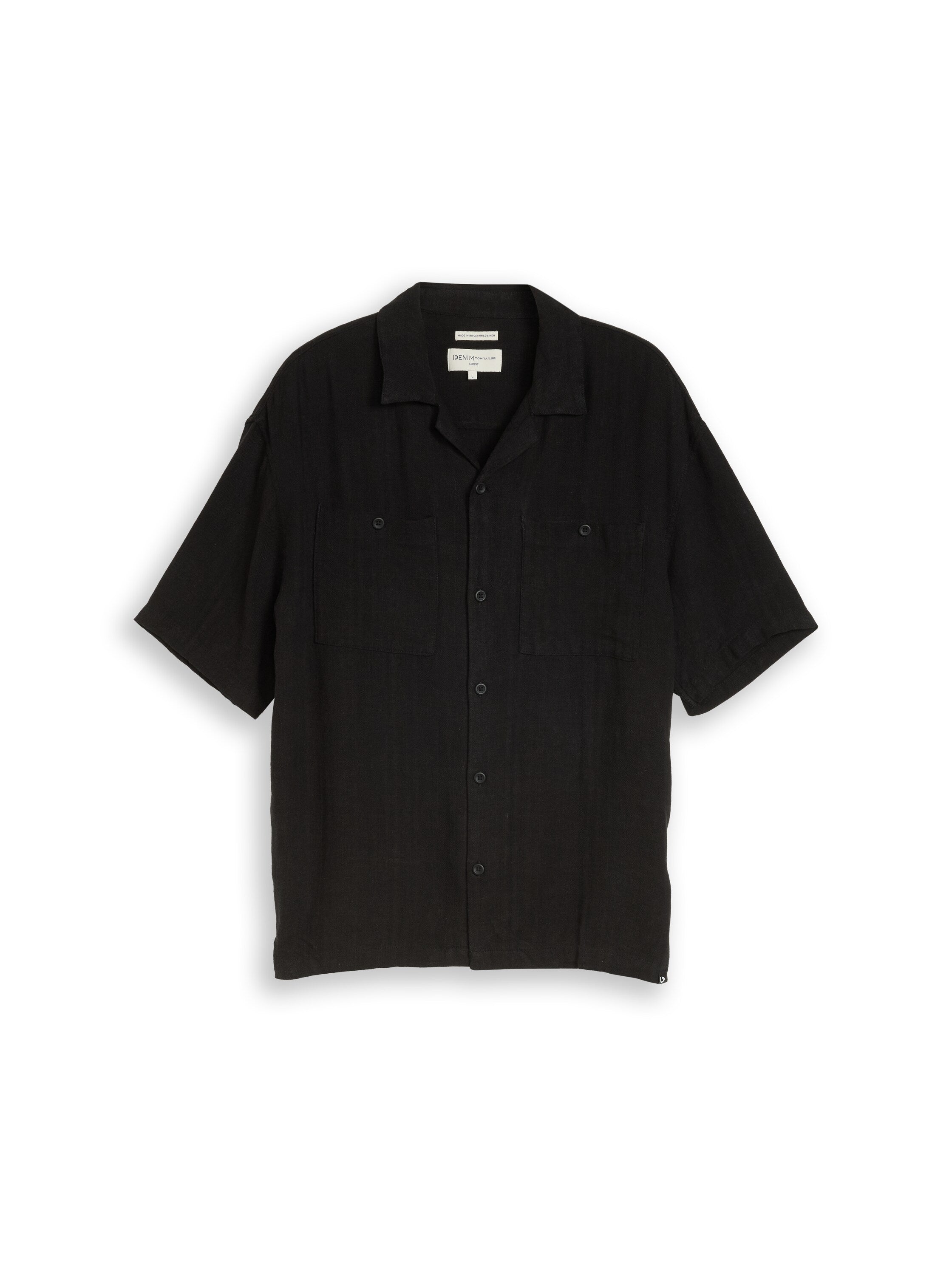 Tom Tailor Black Short Sleeved Linen Shirt With Chest Pockets