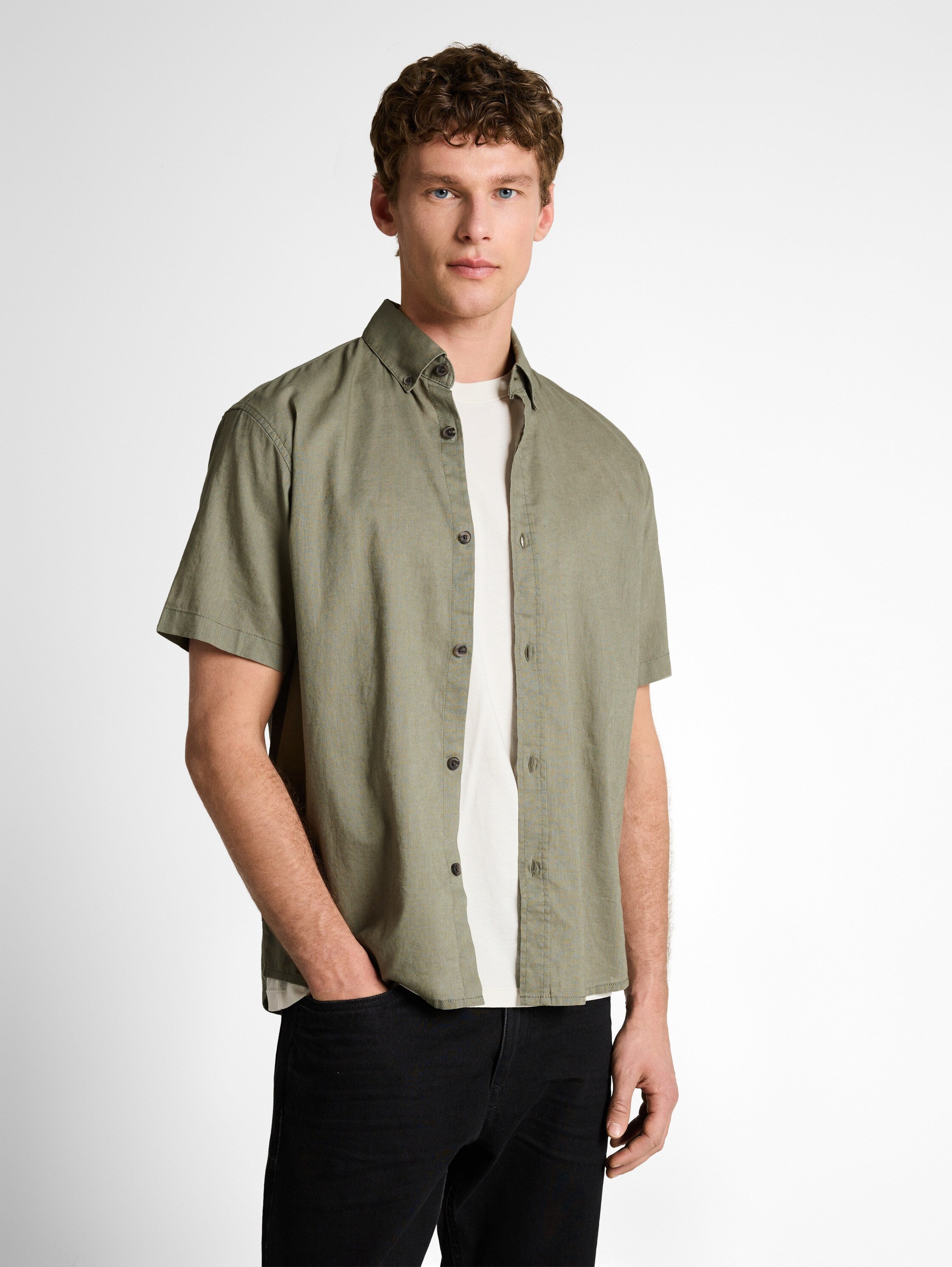 Tom Tailor Olive Shirt With Linen Blend