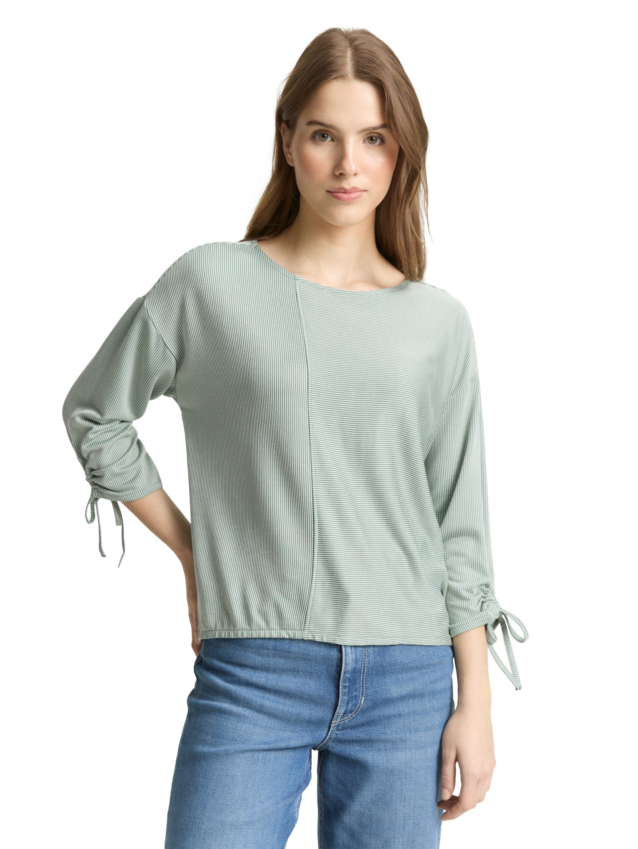Tom Tailor Light Green Loose Fit Long-Sleeved Top With Gathered Sleeves