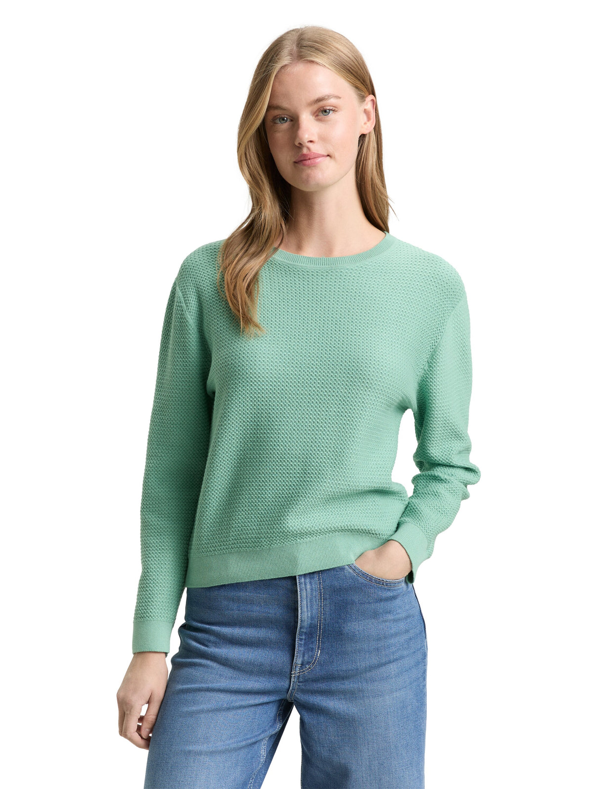 Tom Tailor Silver Cloud Blue Knitted Sweater with a Round Neckline