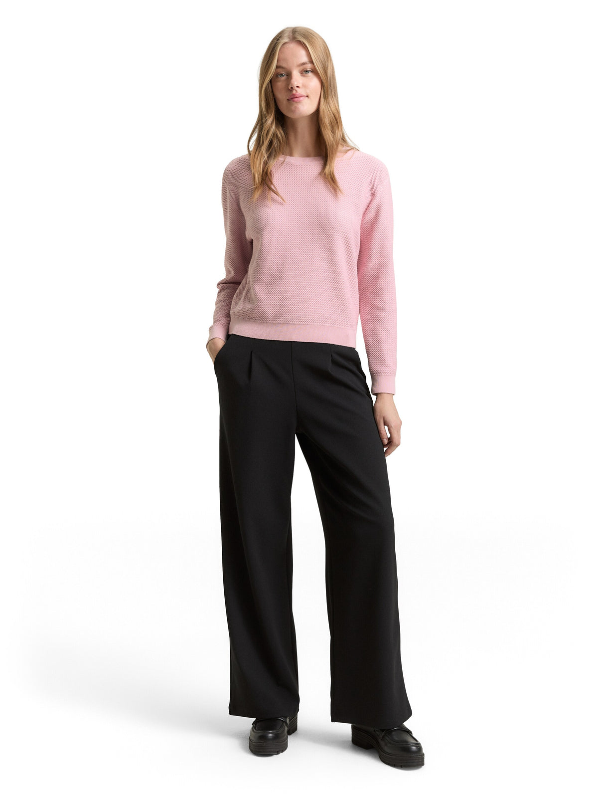Tom Tailor Pink Knitted Sweater with a Round Neckline