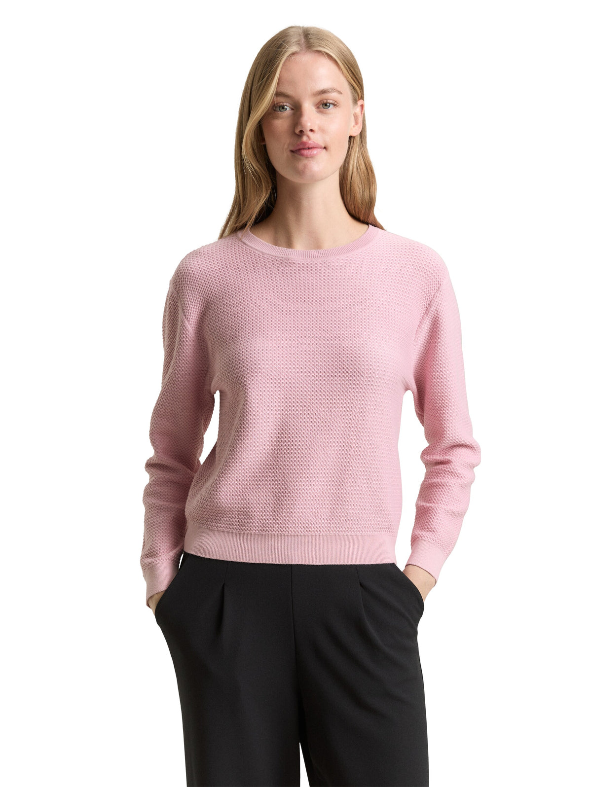 Tom Tailor Pink Knitted Sweater with a Round Neckline