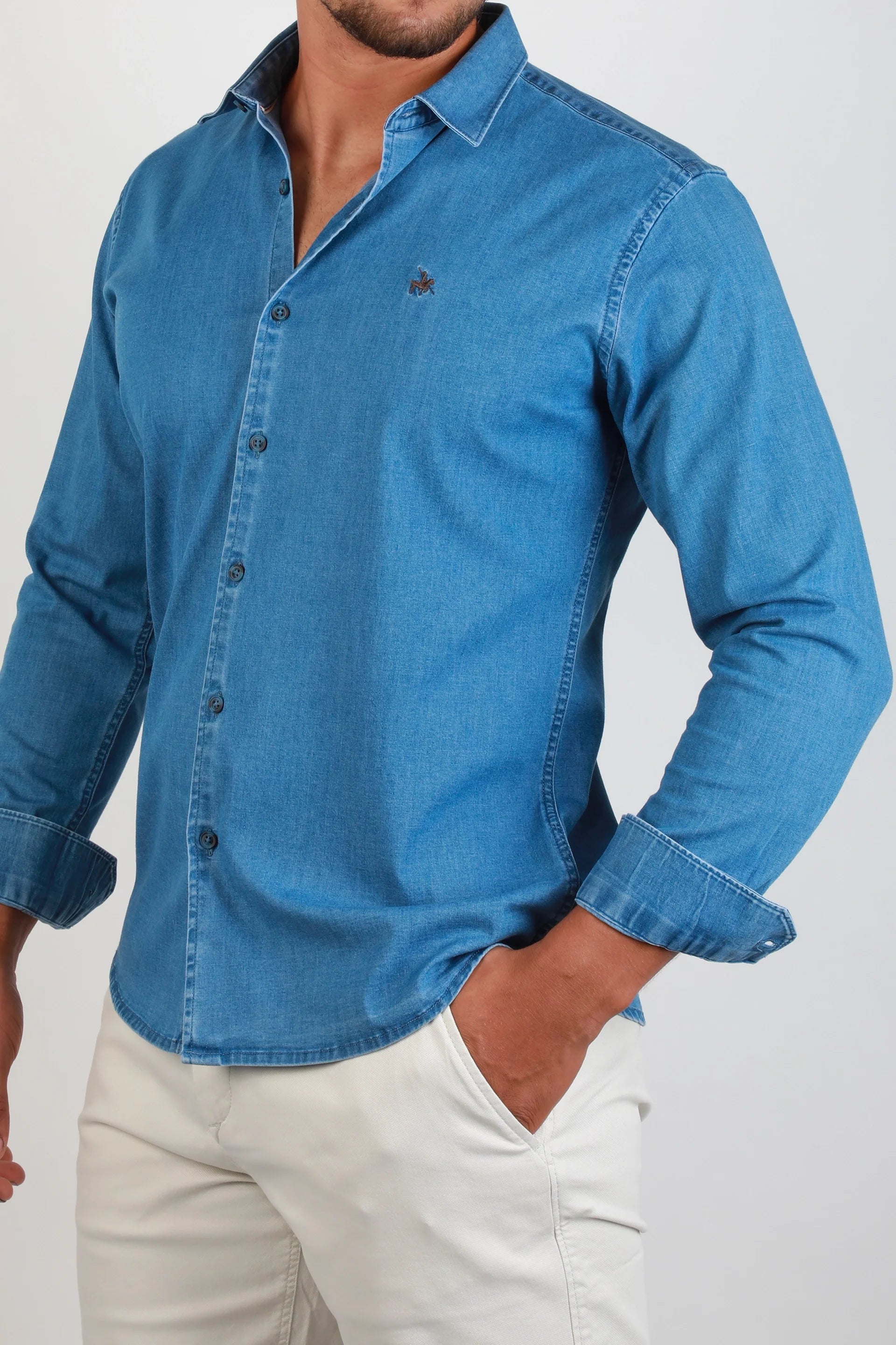 Long Sleeved Mid Blue Sport Denim Shirt