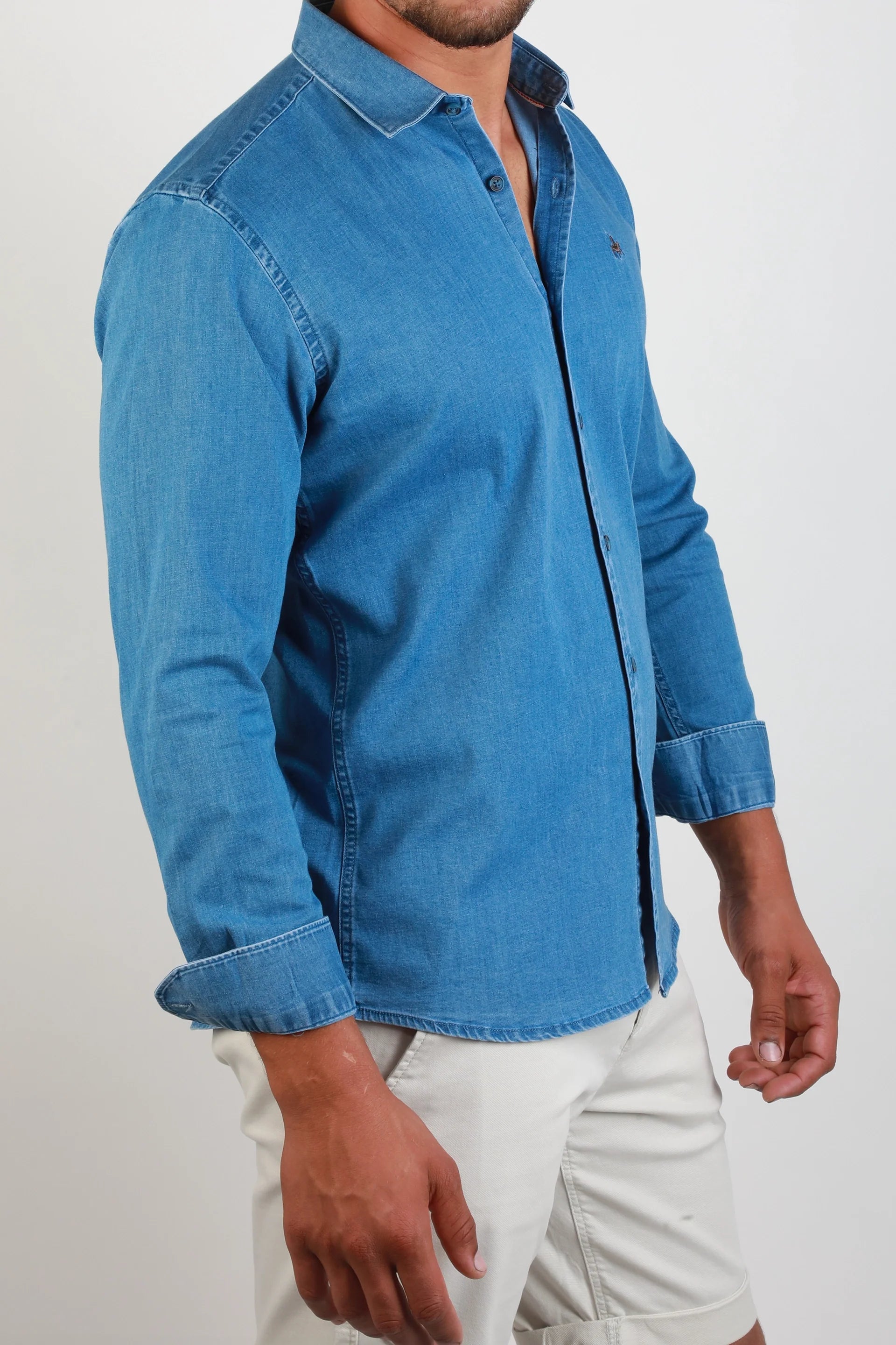 Long Sleeved Mid Blue Sport Denim Shirt