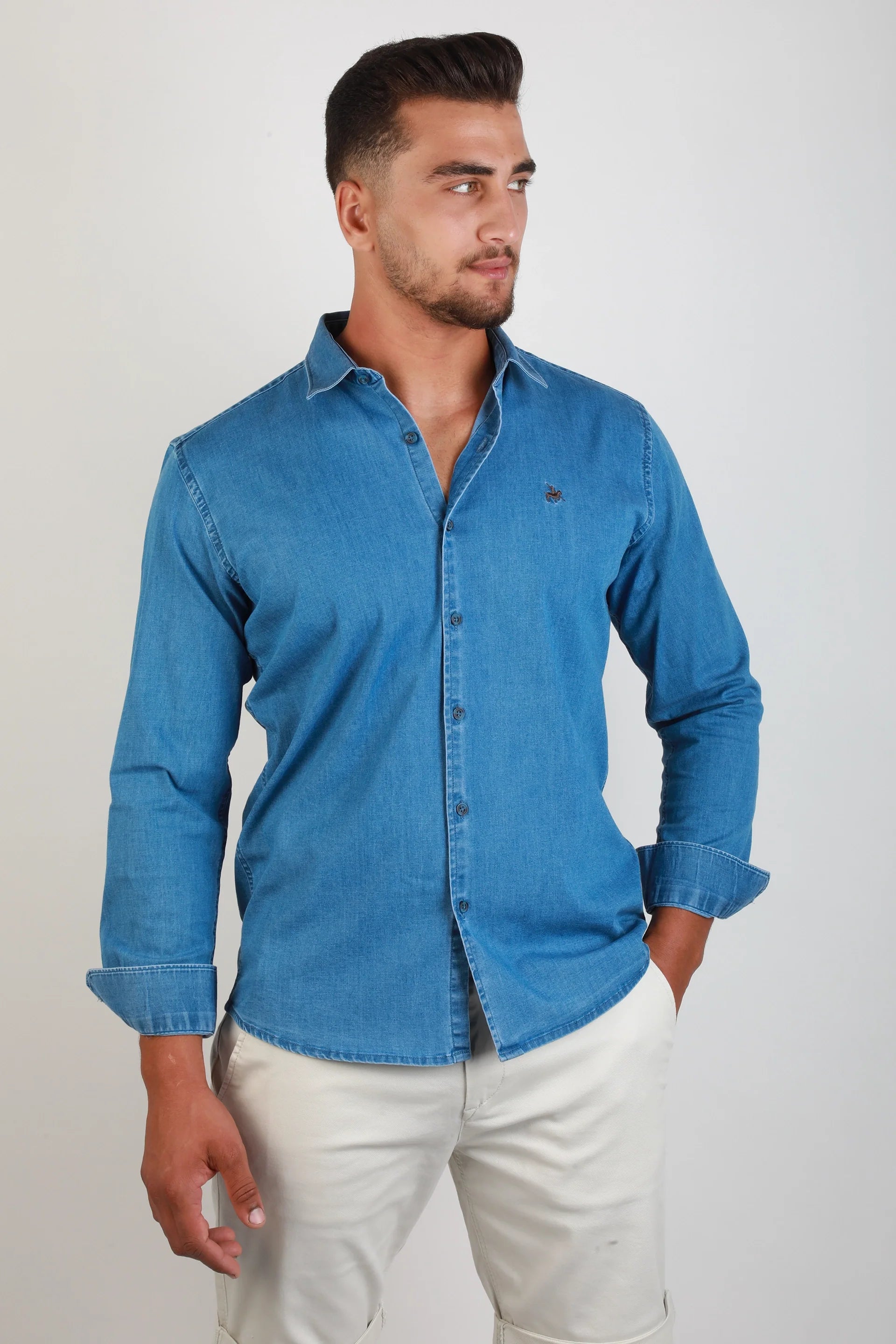 Long Sleeved Mid Blue Sport Denim Shirt