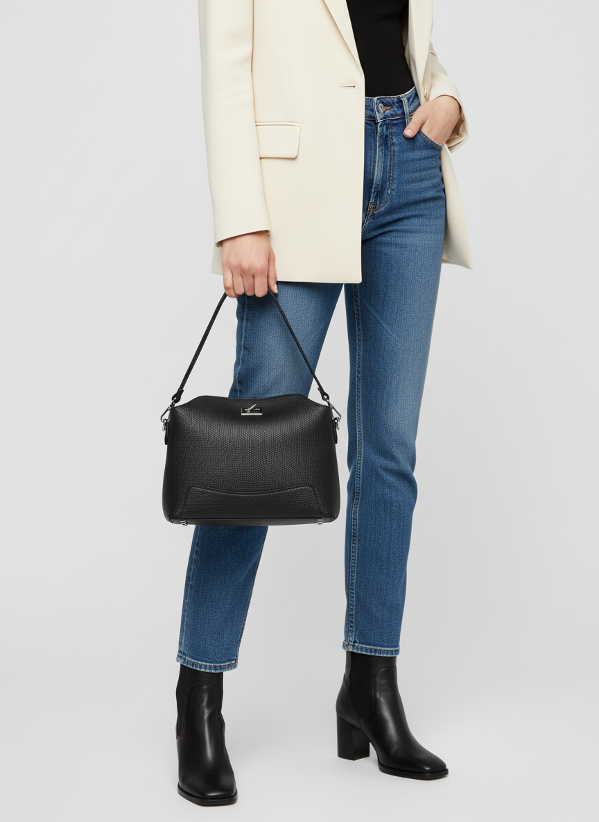 Vertical Top Handle Black Bag With Square Line