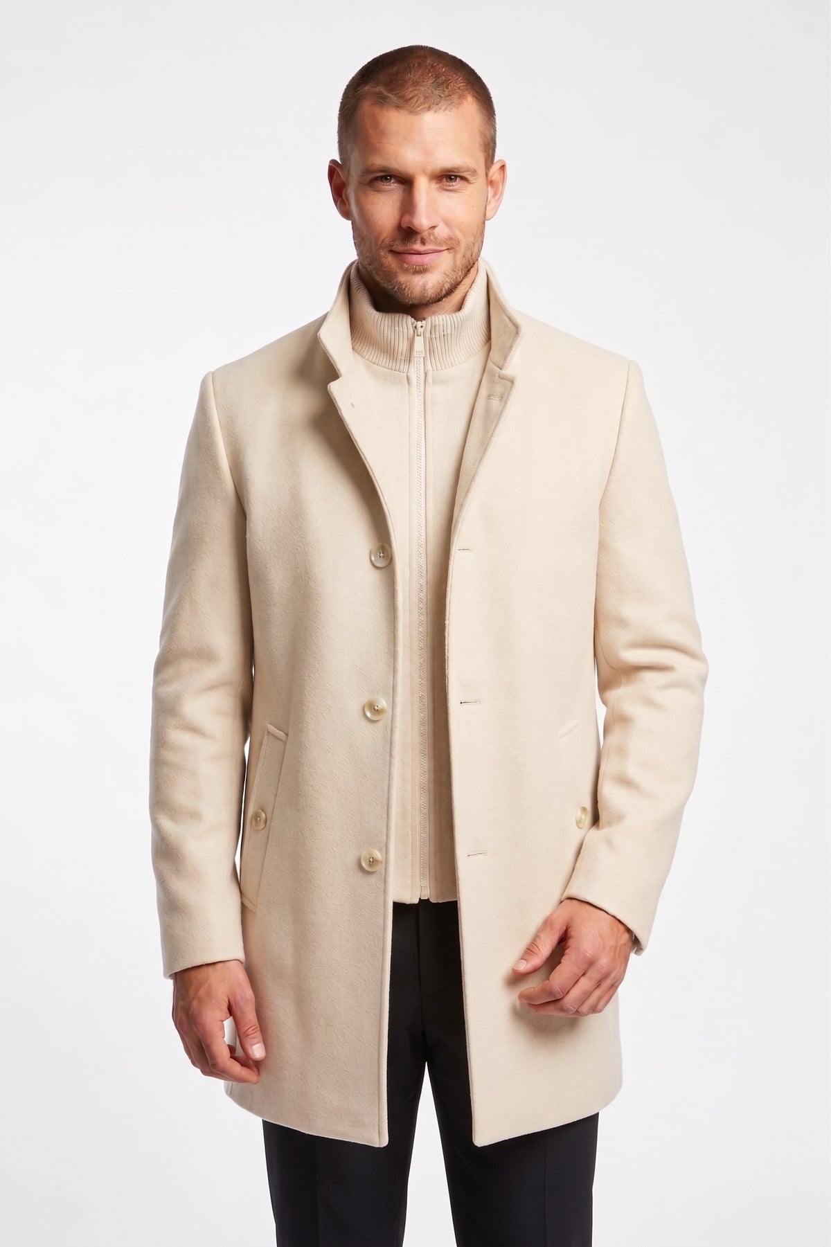 BROWN Length Tailored Coat with High Stand Collar & Removable Inner Bib