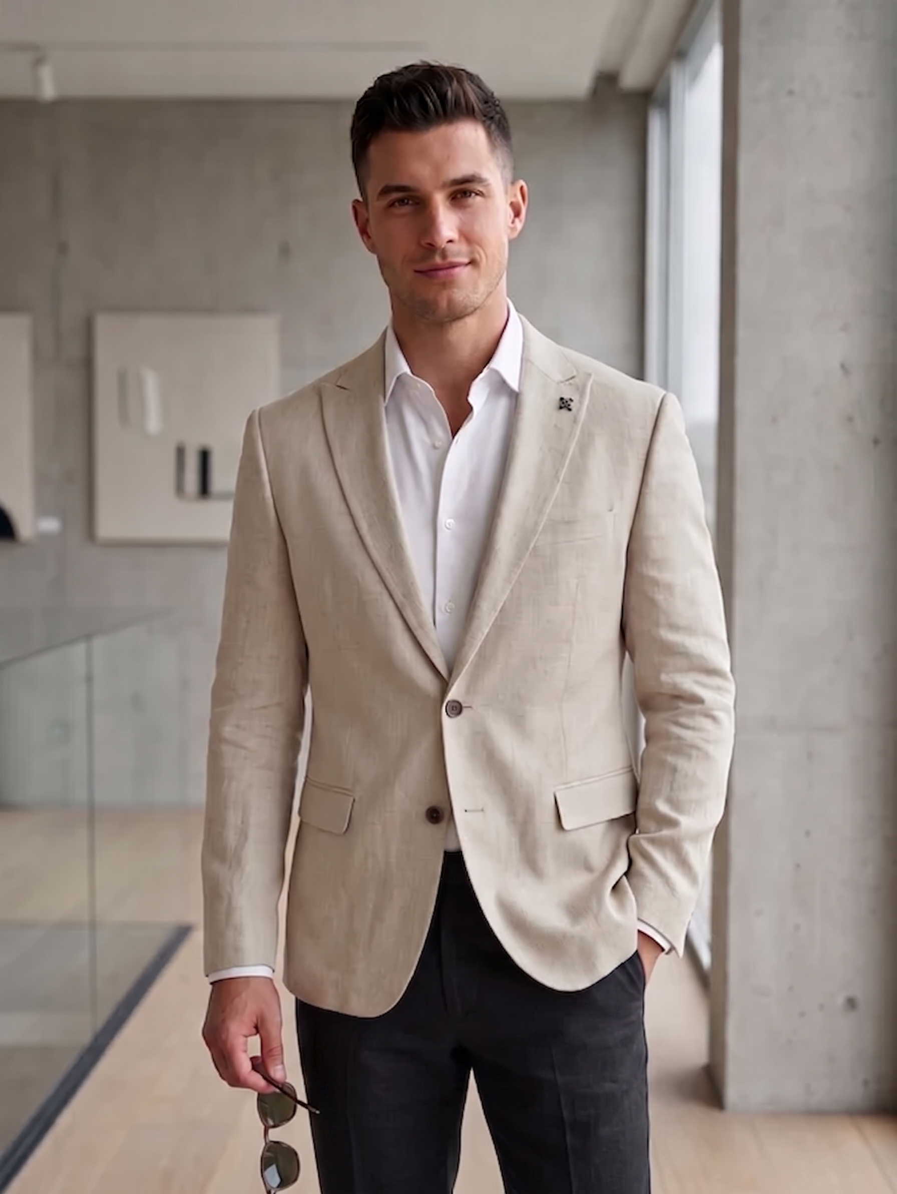 Two Button Beige Tailored Linen Blazer