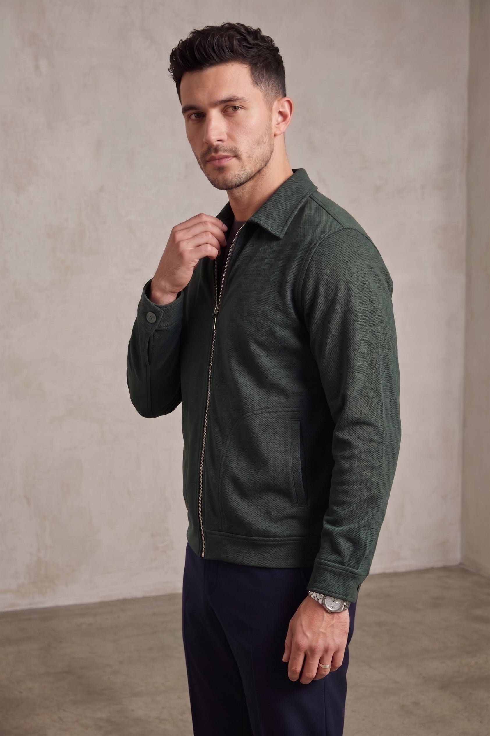 Casual Dark Green Zip Up Jacket With Collar & Buttoned Cuffed