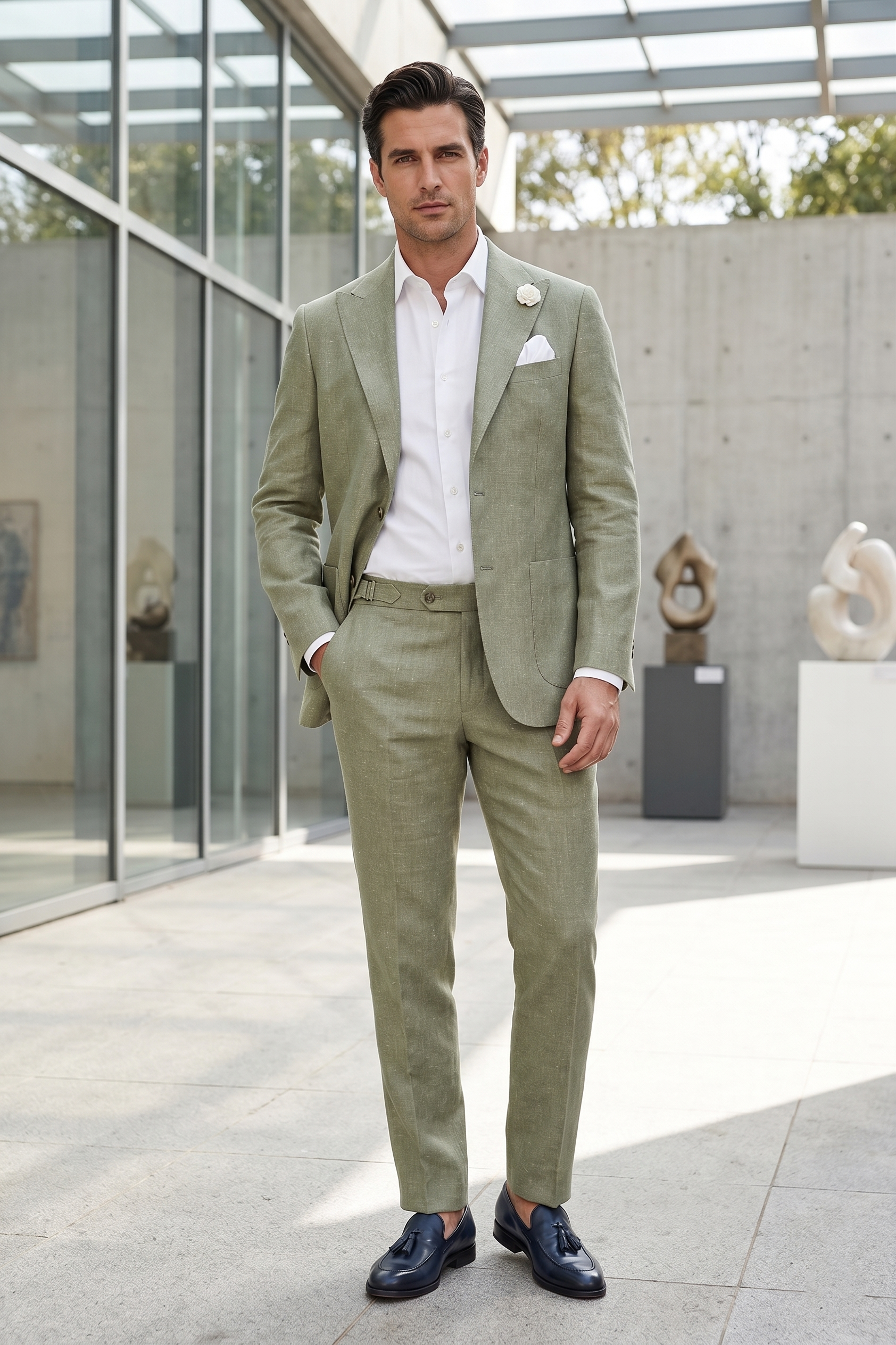Green Linen Suit With Patch Pockets
