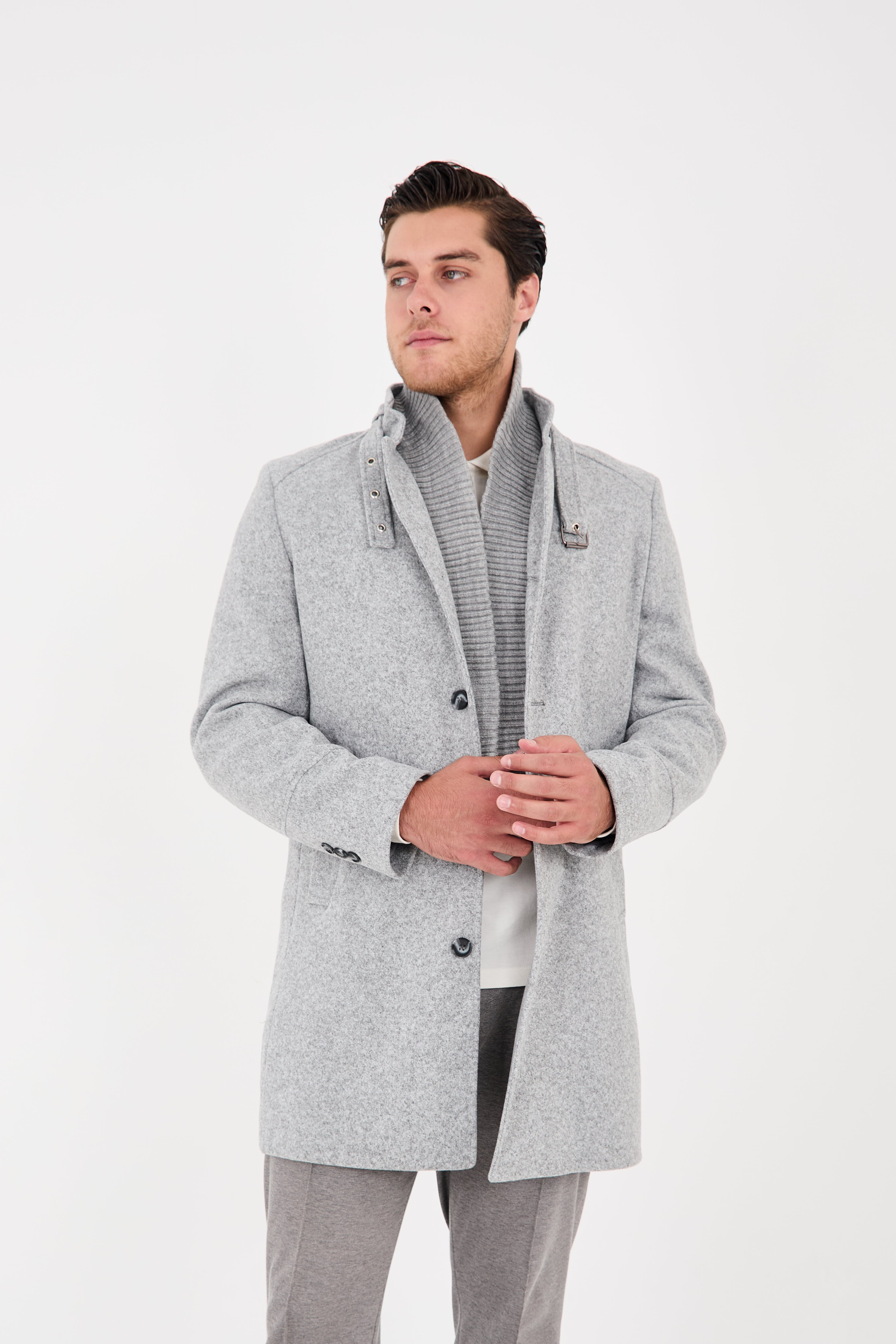 Tailored Light Grey Stand Collar Overcoat with Neck Strap & Knit Layer