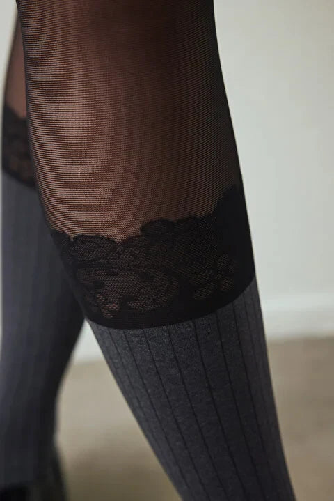 Penti Black Ribbed Lace Tights
