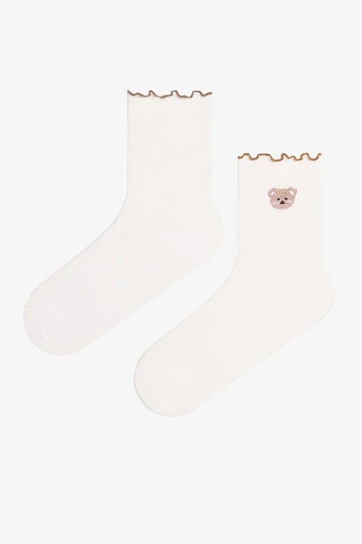 Penti 2 Pairs Of Cotton Bear Embroidery Ruffle Socks