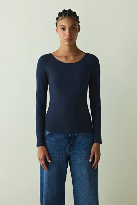 Penti Navy Crew Neck Long Sleeve Slim Fit Top