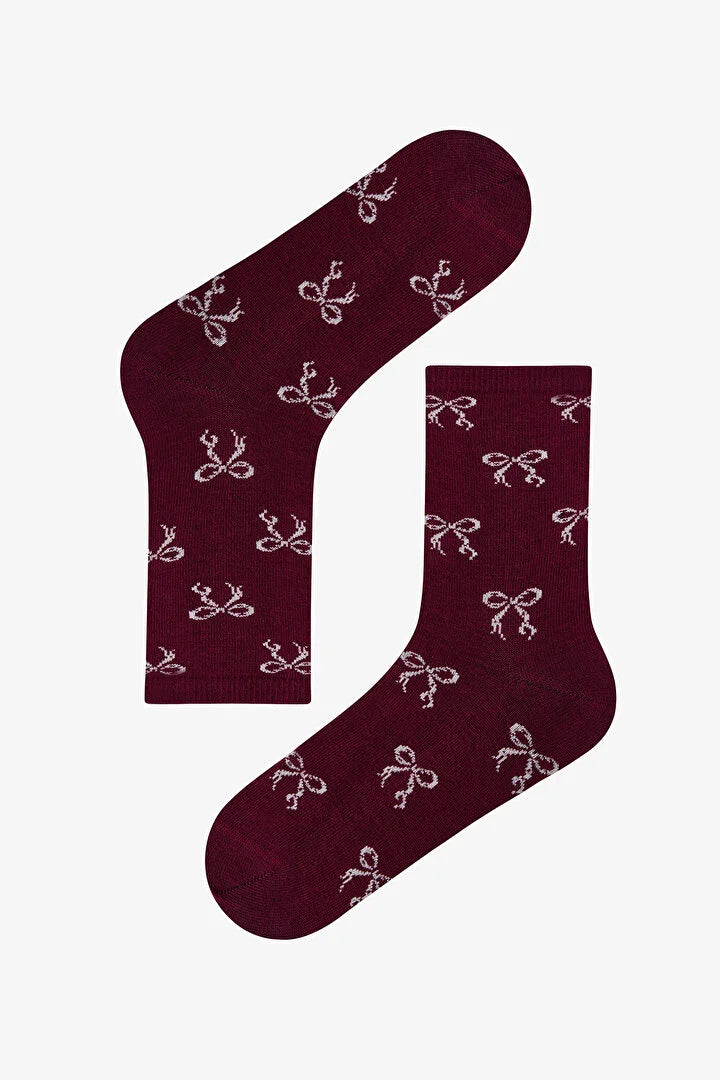 Penti Bordeaux Ribbon Heart Bow Print Cotton 3 Pack Ankle Socks