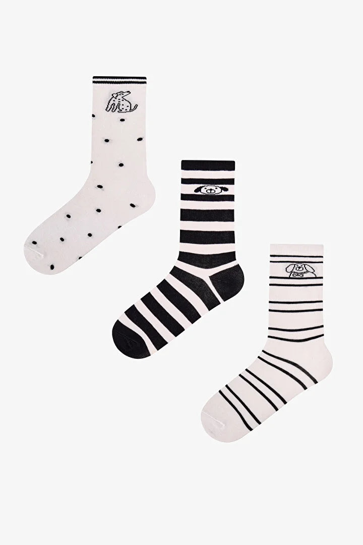 Penti Black White Kitten Lines Animal Print Cotton 3 Pack Ankle Socks