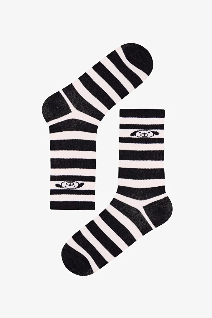 Penti Black White Kitten Lines Animal Print Cotton 3 Pack Ankle Socks