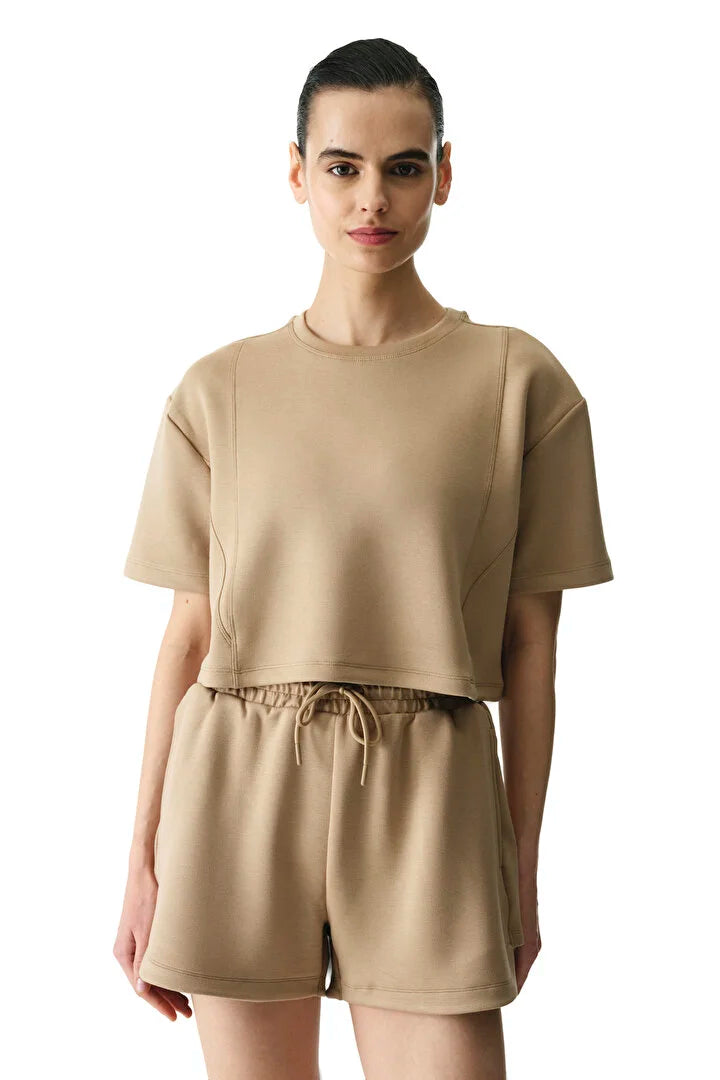 Penti Beige Silky Touch Stitch Detail Crew Neck T-Shirt