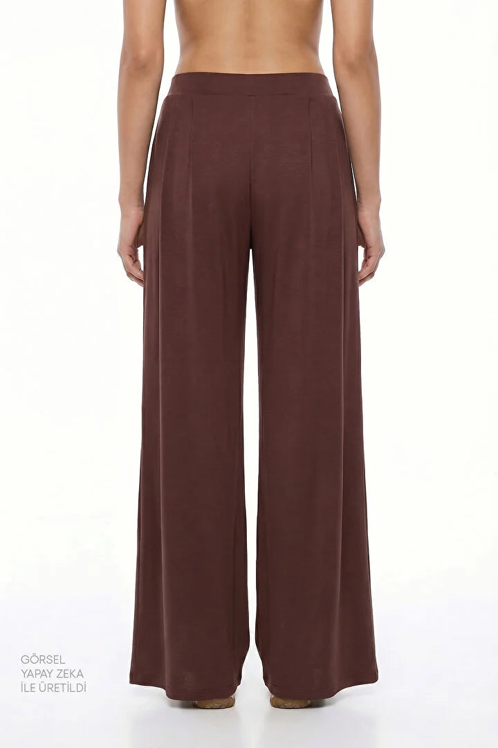 Brown Pleated High-Waisted Wide Leg Pants