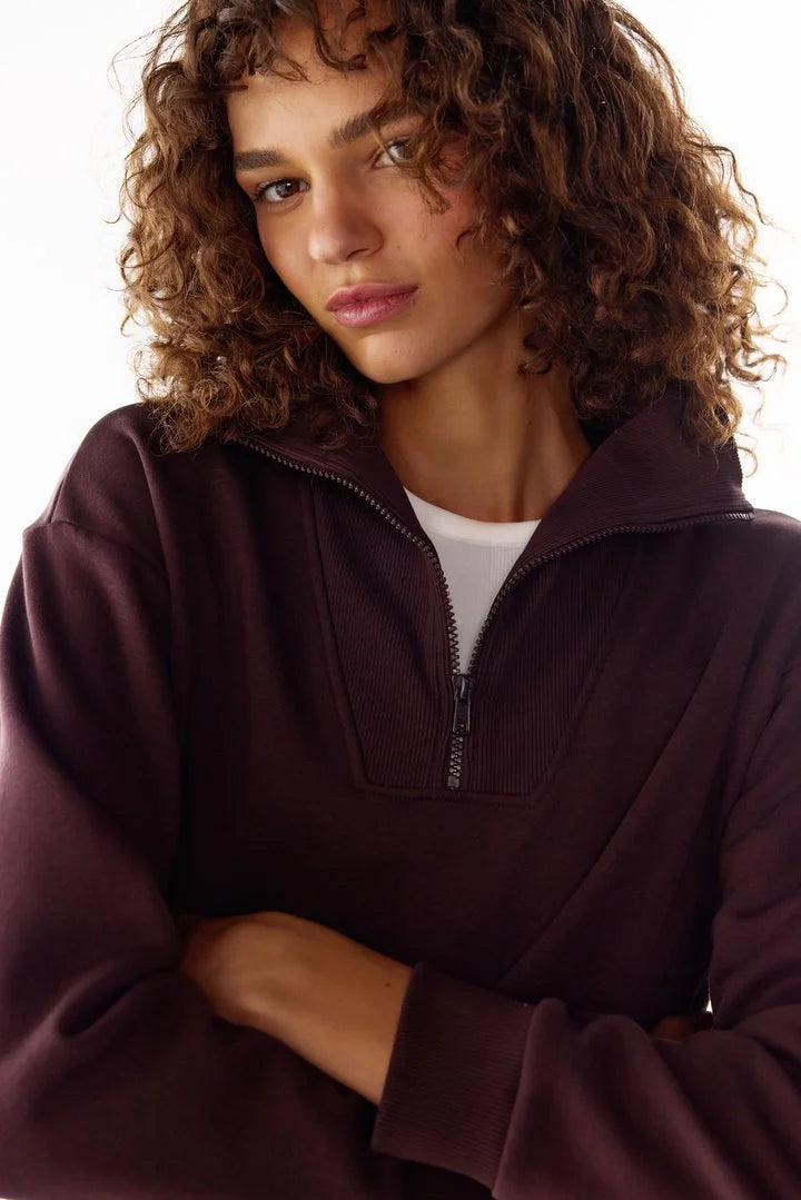 Penti Dark Bordeaux Half Zip Brushed Rib Long Sleeve Sweatshirt