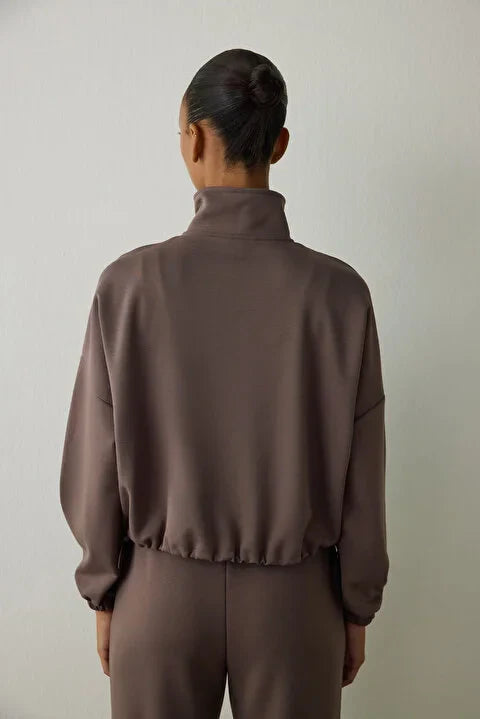 Penti Khaki Silky Feel High Collar Crop Sweater