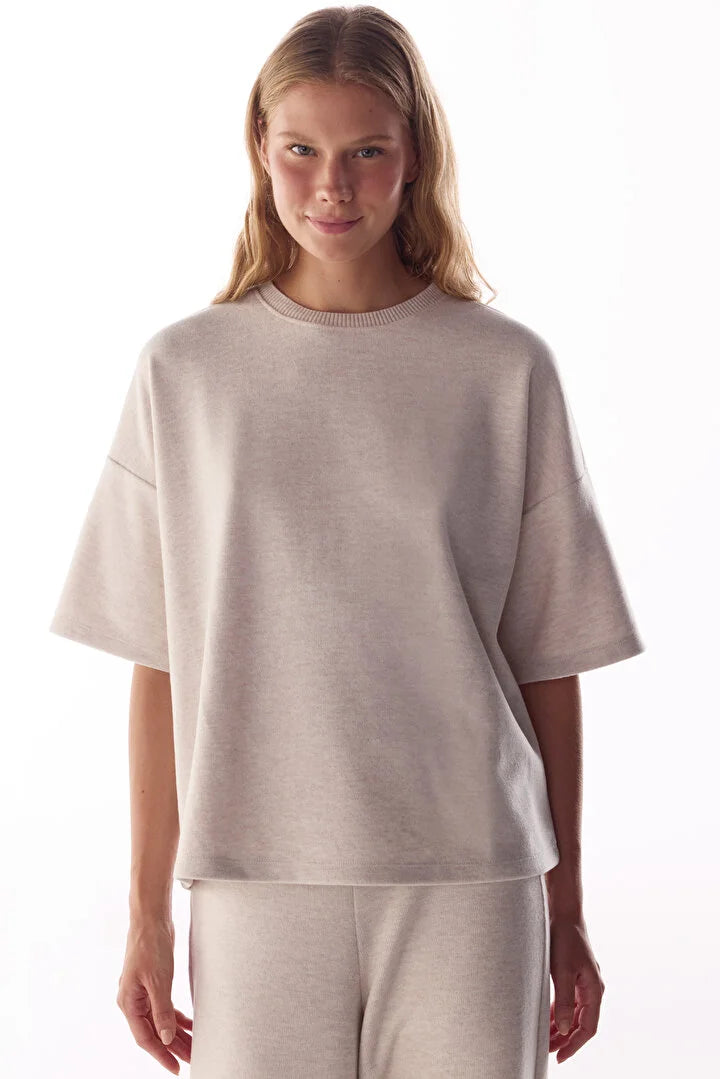 Penti Beige Melange Warm Touch Short Sleeve Oversize Blouse