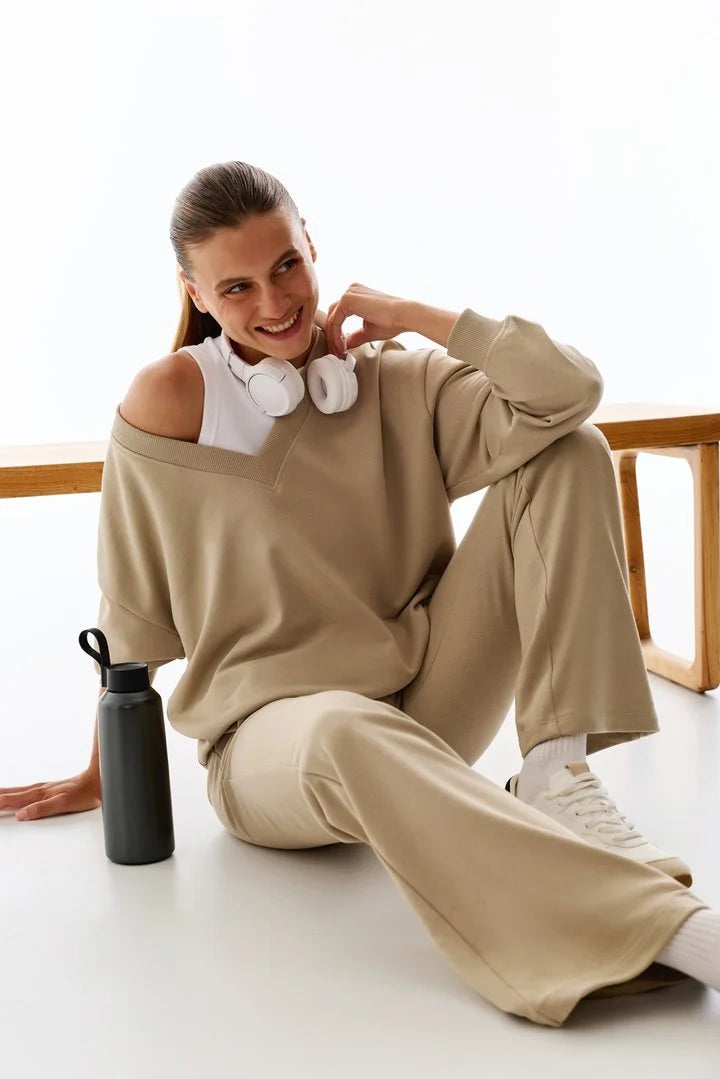 Penti Beige Wide V-Neck Long Sleeve Sweatshirt