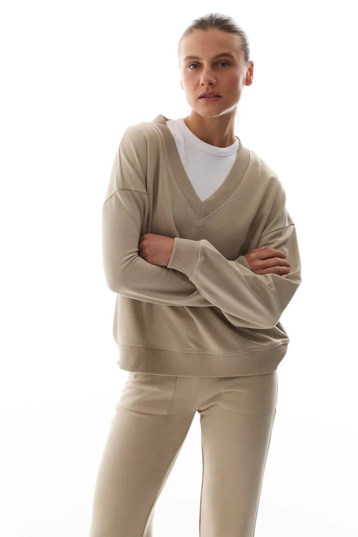 Penti Beige Wide V-Neck Long Sleeve Sweatshirt