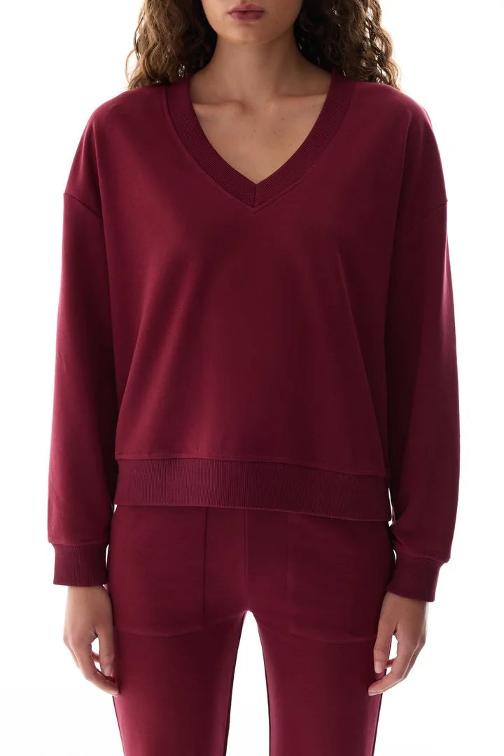 Penti Bordeaux Wide V-Neck Long Sleeve Sweatshirt