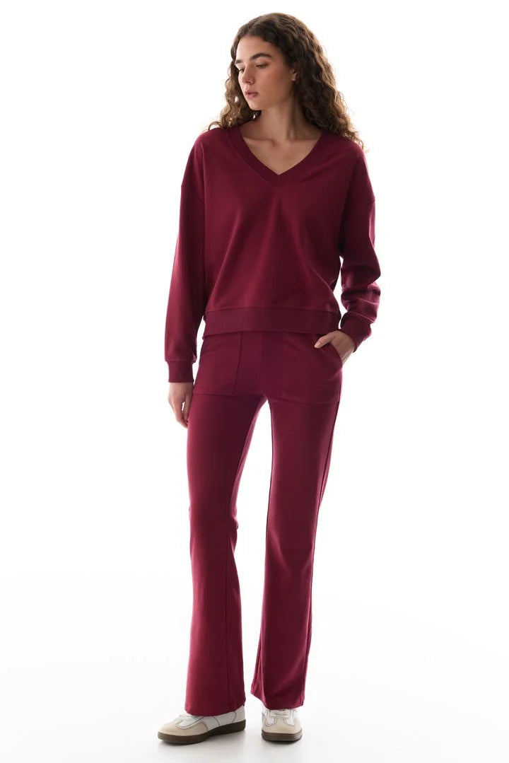 Penti Bordeaux Wide V-Neck Long Sleeve Sweatshirt