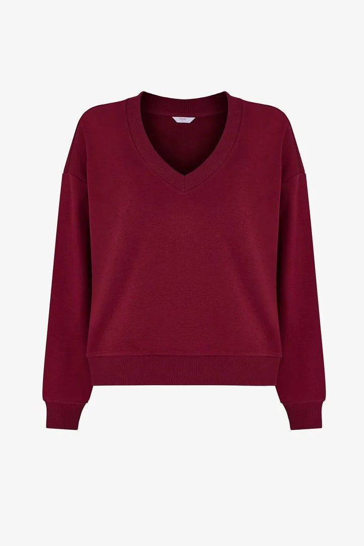 Penti Bordeaux Wide V-Neck Long Sleeve Sweatshirt