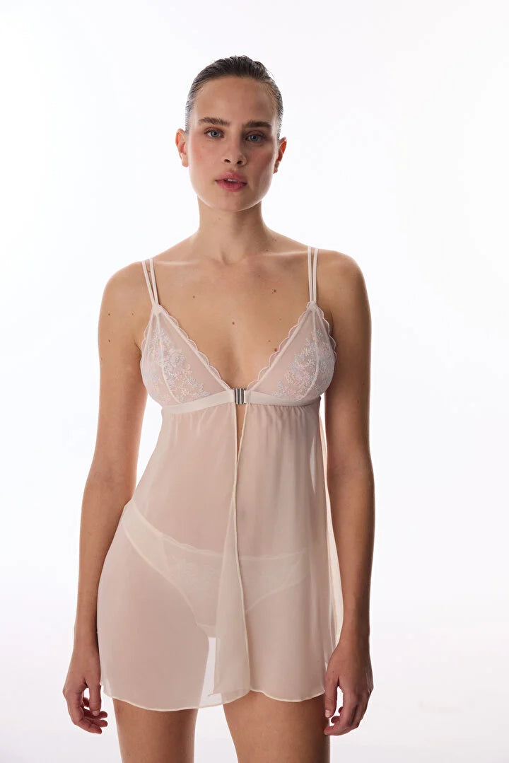 Penti Beige Front Opening Broderie Babydoll