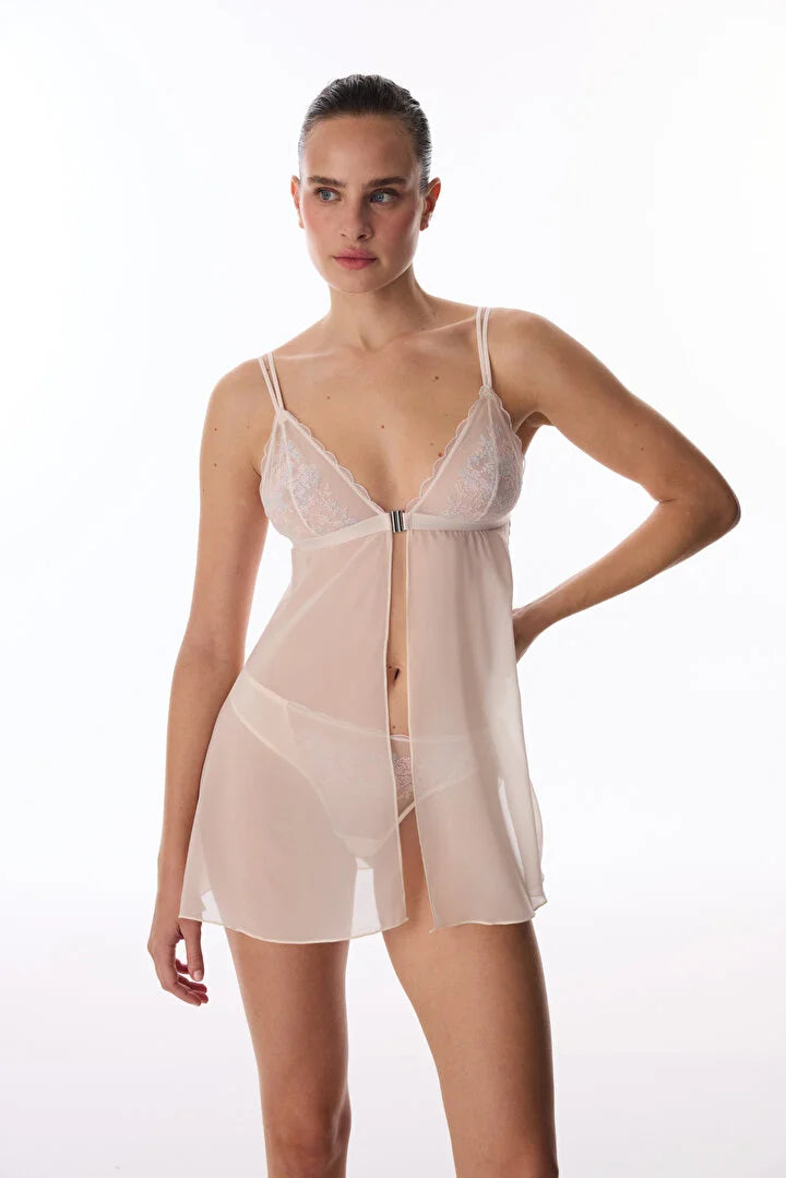 Penti Beige Front Opening Broderie Babydoll