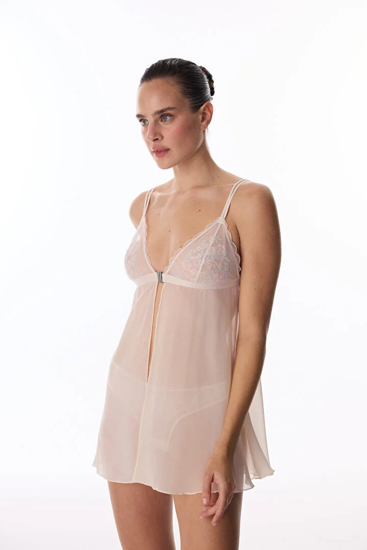 Penti Beige Front Opening Broderie Babydoll