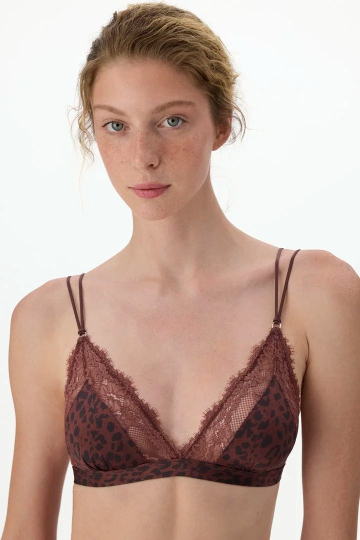 Penti Brown Printed Micro Lace Triangle Leopard Print Bra
