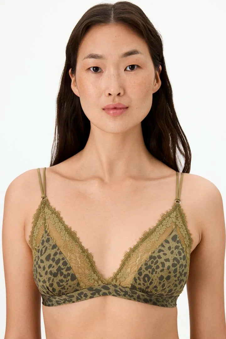 Penti Olive Green Printed Micro Lace Triangle Leopard Print Bra