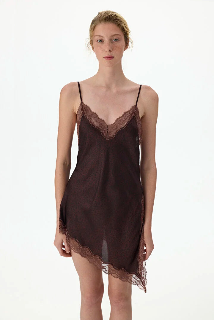 Penti Brown Printed Satin Lace Leopard Print Babydoll
