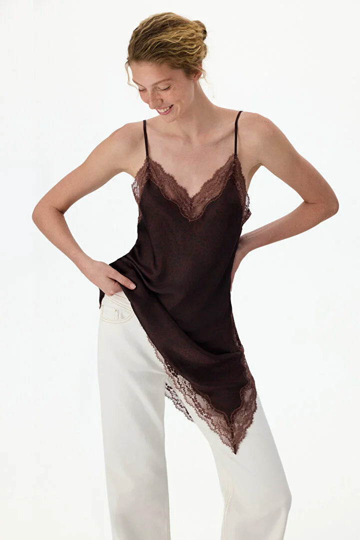 Penti Brown Printed Satin Lace Leopard Print Babydoll