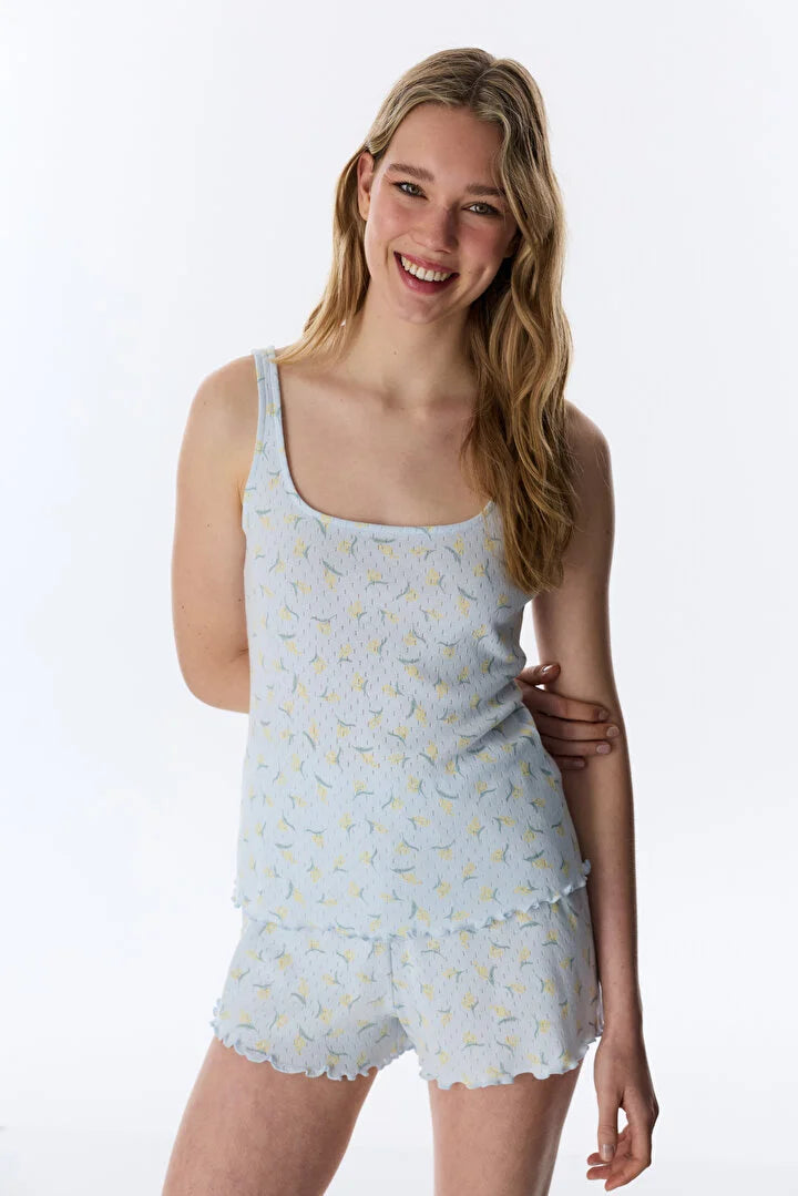 Penti Light Blue Flora Pointel Shorts Pajama Set