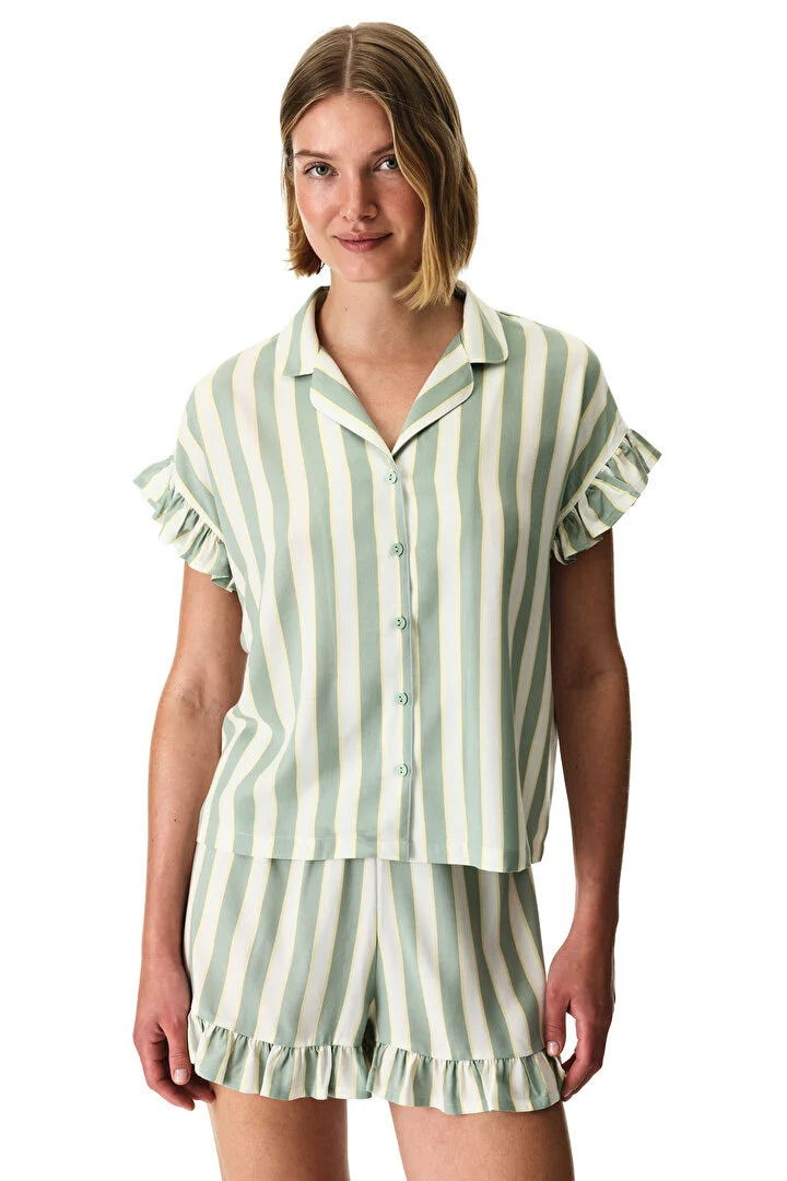 Penti Light Green Striped Shirt & Shorts Pyjama Set