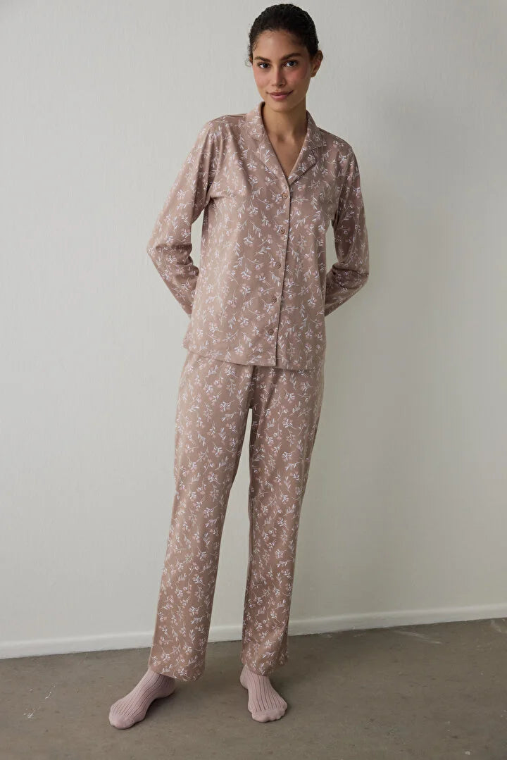 Penti Beige Flower Time Shirt Collar Long Sleeve Pajama Set