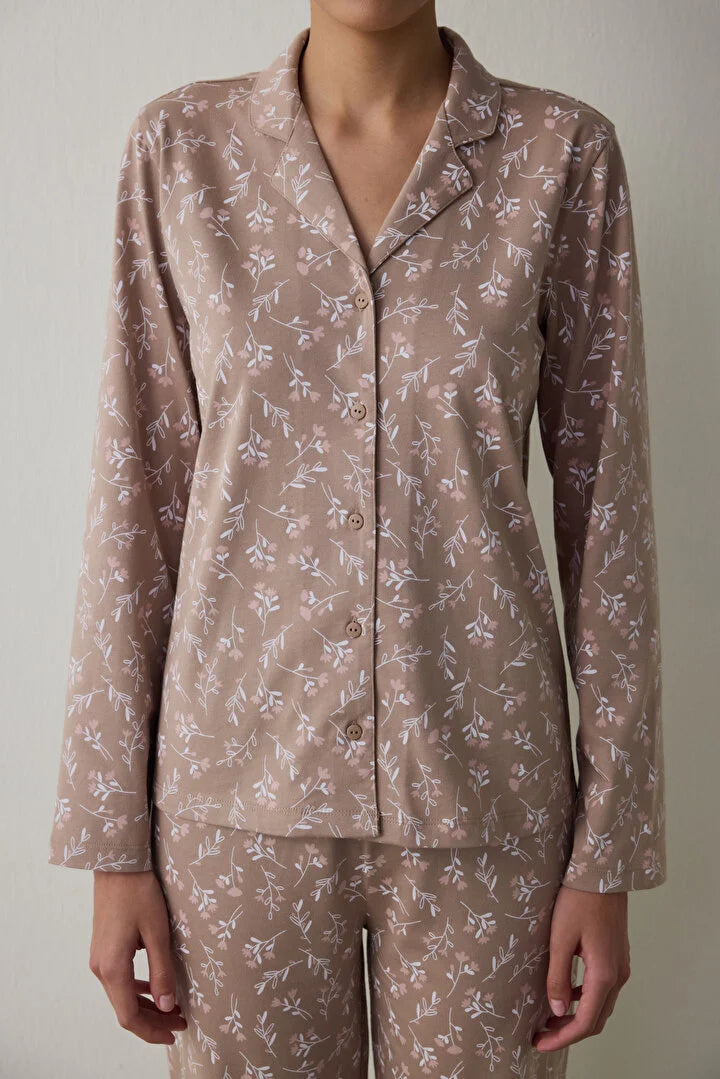 Penti Beige Flower Time Shirt Collar Long Sleeve Pajama Set