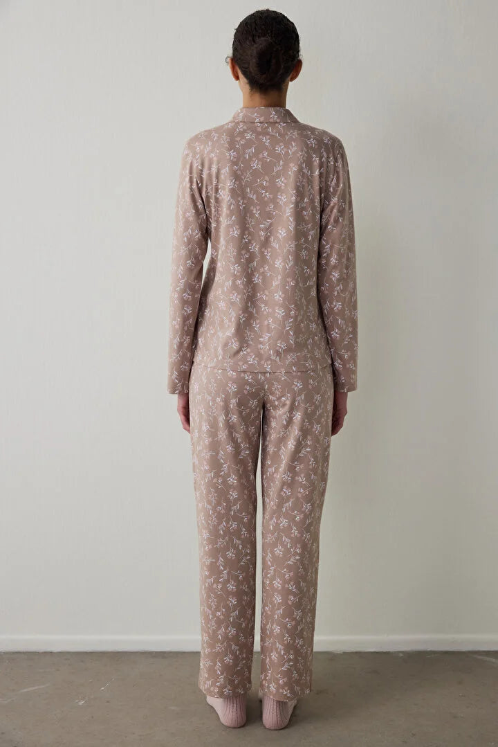 Penti Beige Flower Time Shirt Collar Long Sleeve Pajama Set