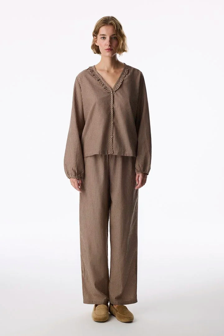 Penti Beige Warm Taupe Striped Long Sleeve Shirt & Trouser Pyjama Set
