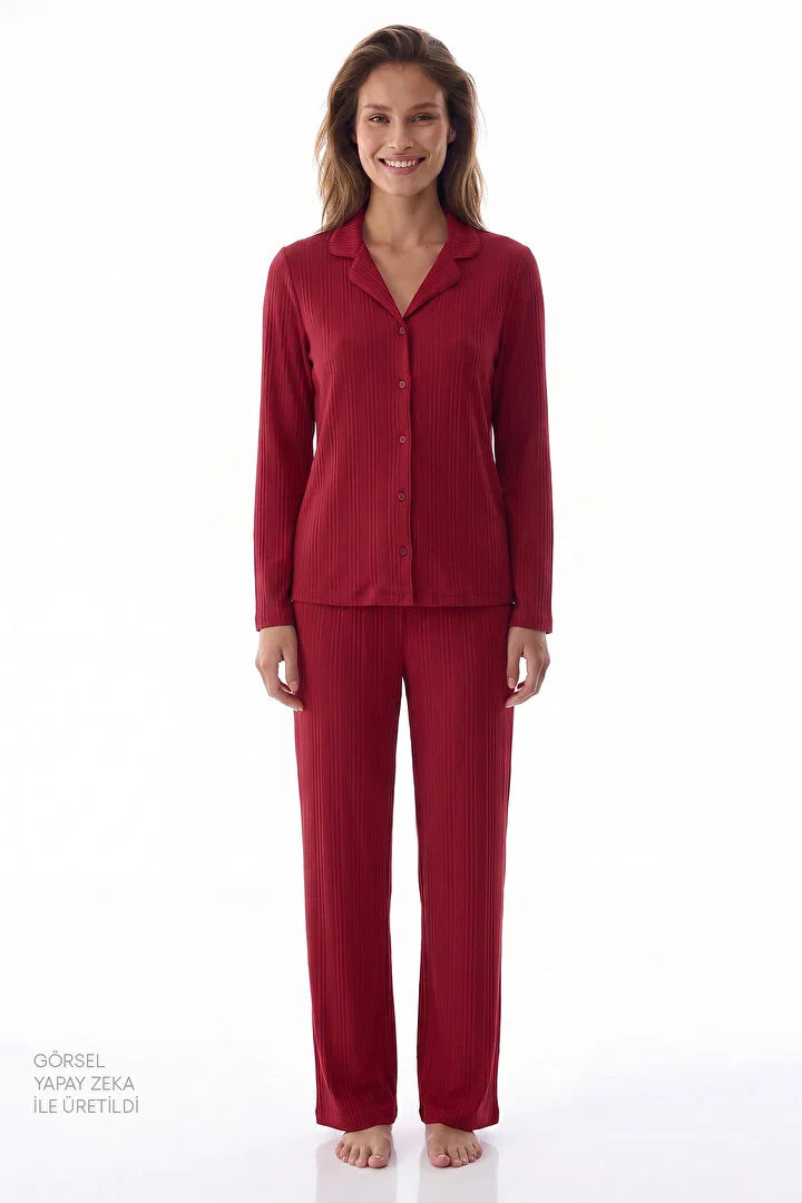 Penti Bordeaux Rib Long Sleeve Shirt & Trouser Pyjama Set