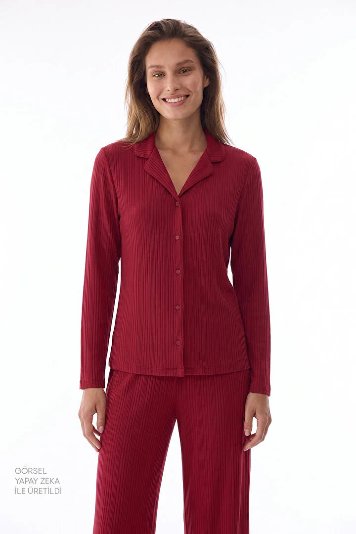Penti Bordeaux Rib Long Sleeve Shirt & Trouser Pyjama Set