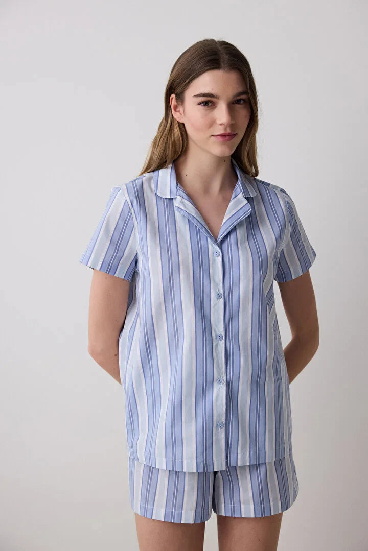 Penti Travel Striped Shirt Short Blue Pj Set