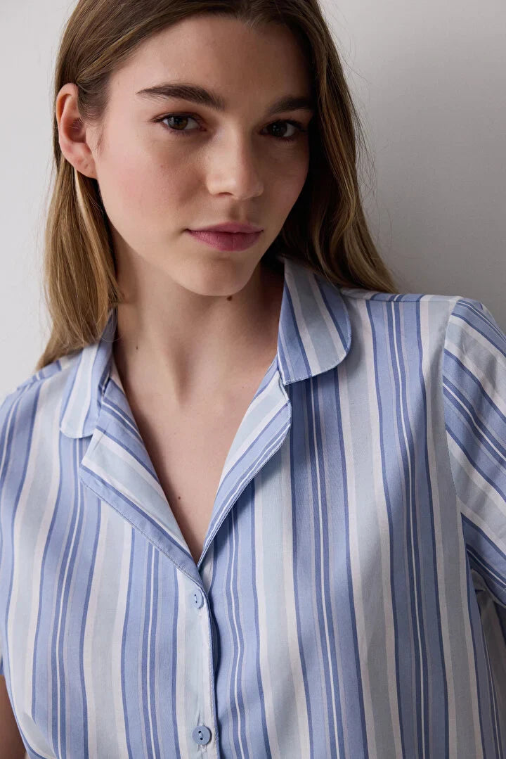 Penti Travel Striped Shirt Short Blue Pj Set